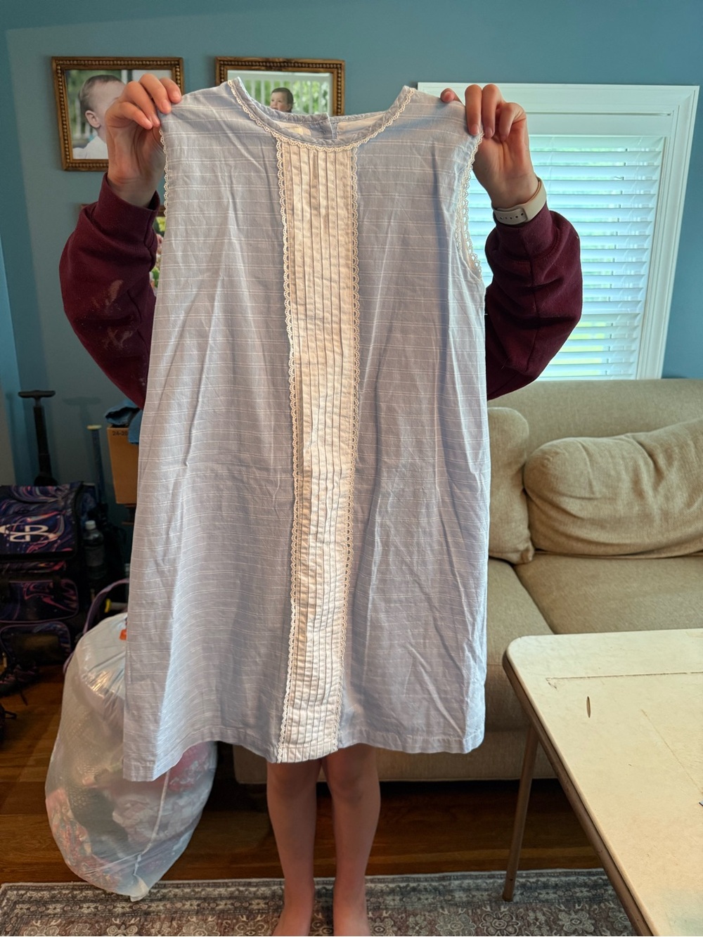 Girls' Light Blue Sleeveless Cotton Dress with Pintuck Detail